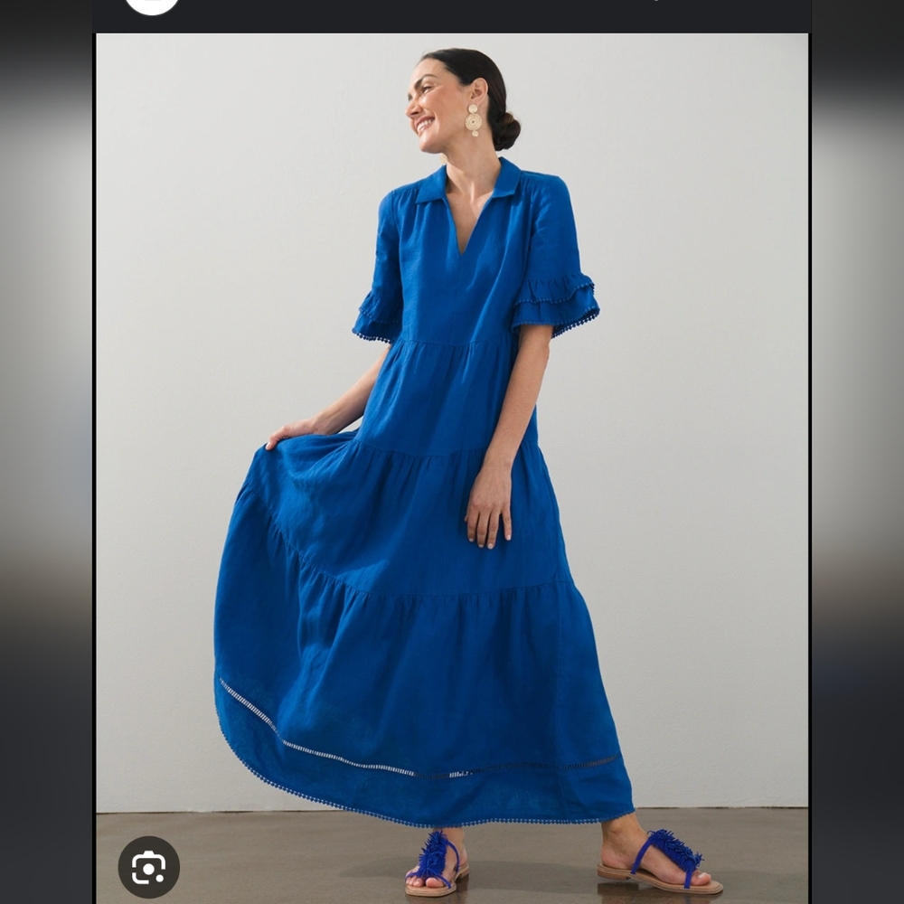 Chicos Blue Linen Tiered Maxi Dress Ruffled Sleeves